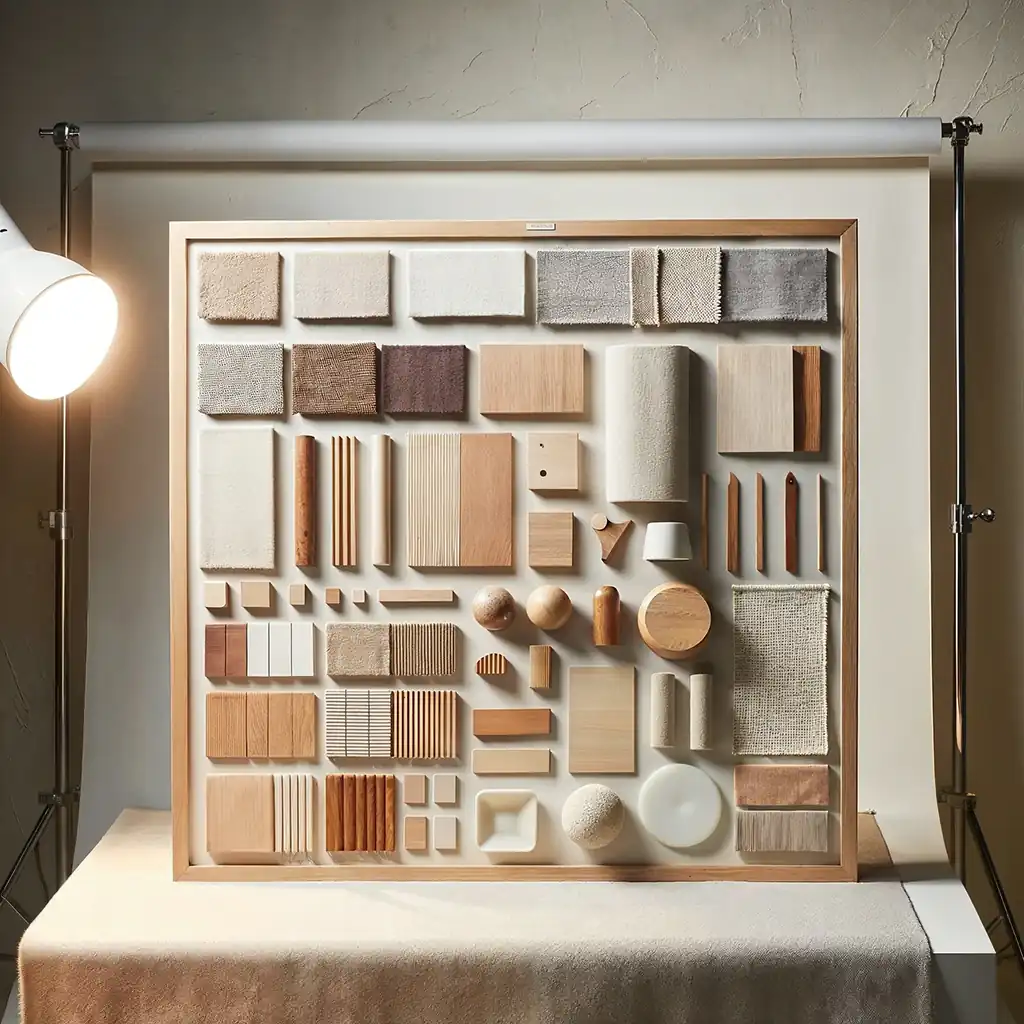 A Japandi-style framed display of various pieces of wood and fabrics