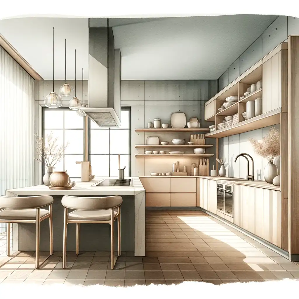 An illustration of a modern kitchen designed in the Muji style.