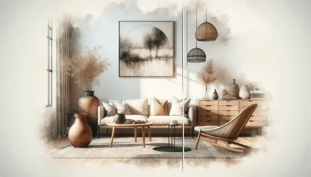 An illustration of a living room with furniture and a painting showcasing the essence of minimalist's wabi sabi interior design.