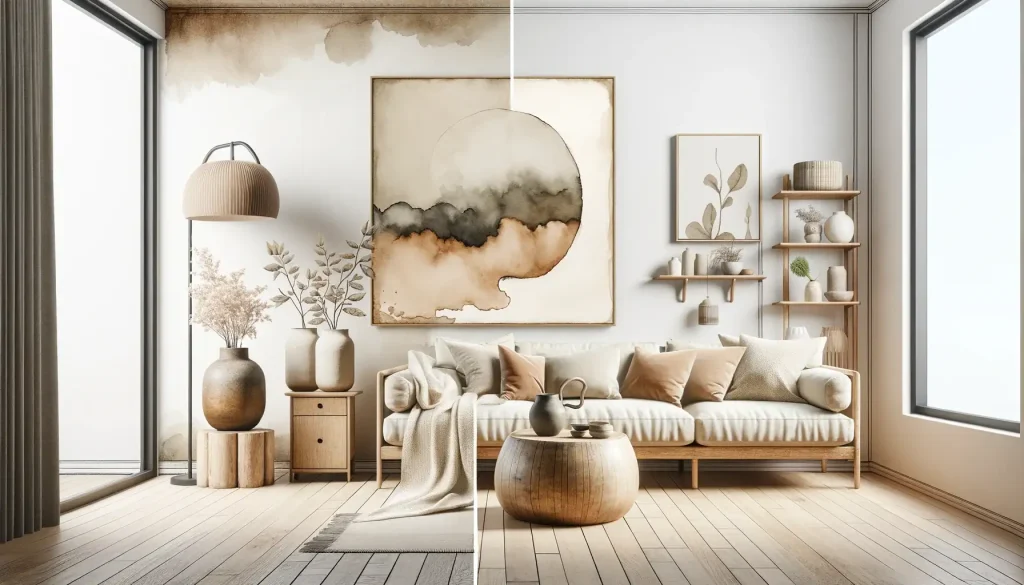 This 3D rendered living room showcases the essence of wabi sabi and Japandi's interior design. Adorned with beige furniture, it embodies the principles of simplicity, imperfection, and natural beauty.