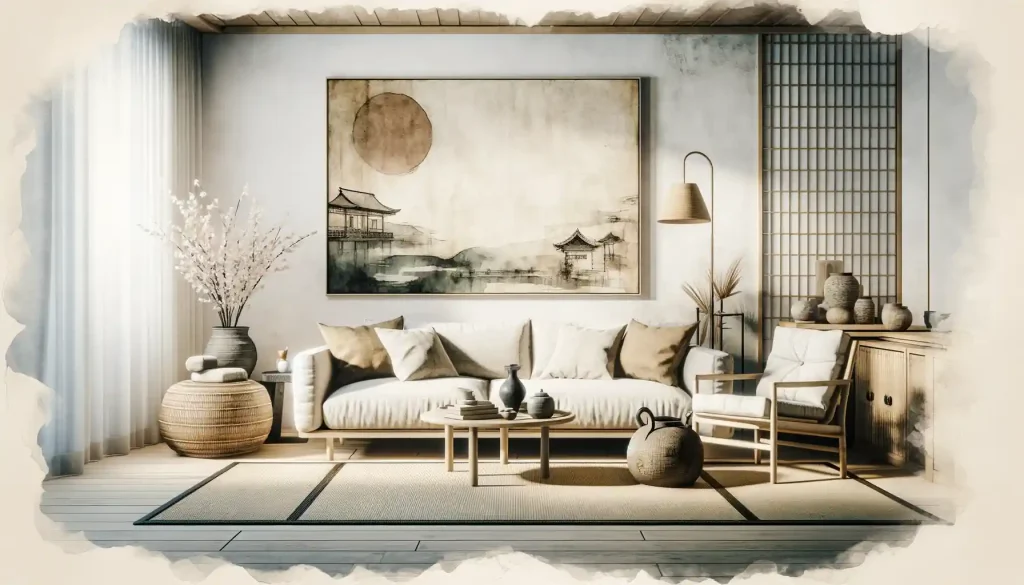 A living room with a large painting on the wall, showcasing wabi sabi style with Scandinavian concept