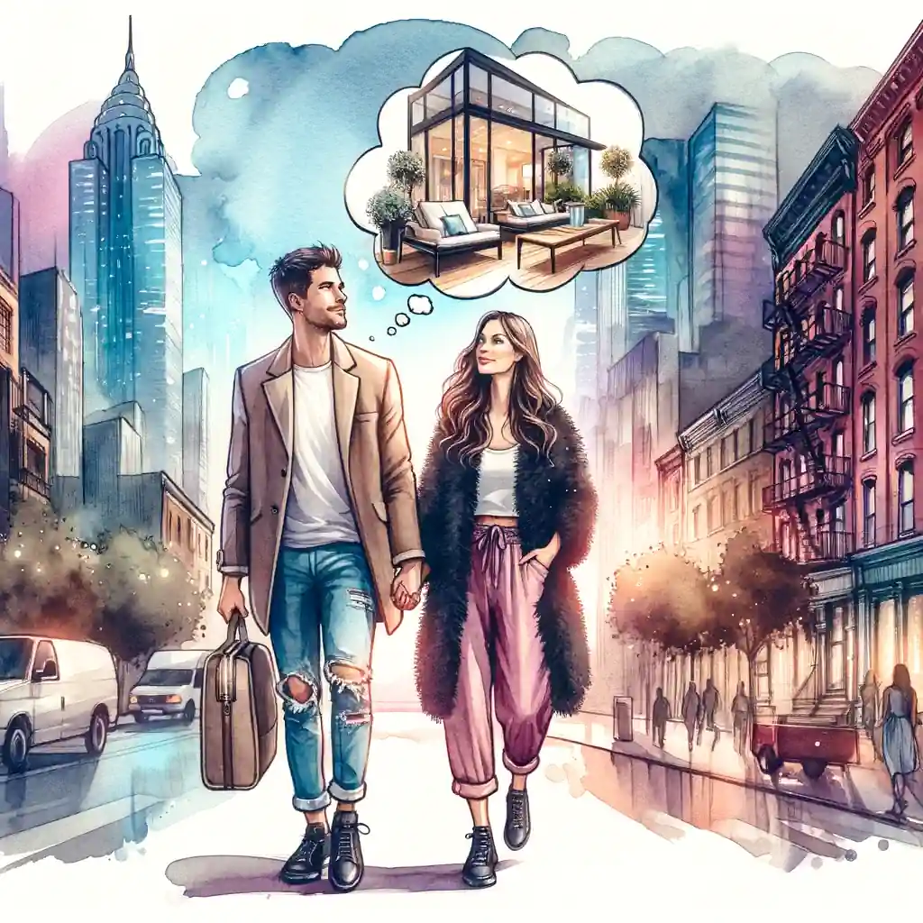 Illustration depicting a couple strolling along a vibrant city street dreaming to become real estate investors