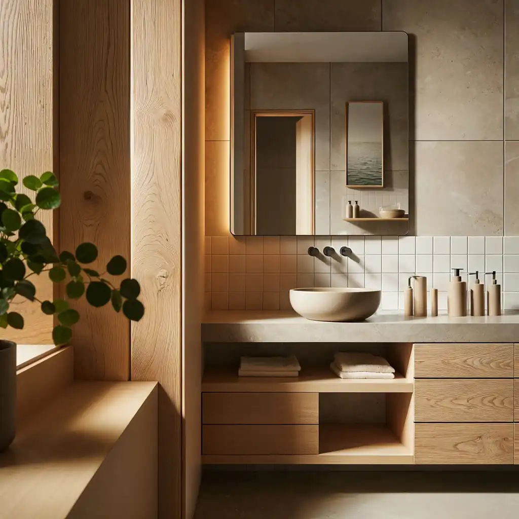 A Wabi-Sabi-style bathroom with wooden cabinets and a window.