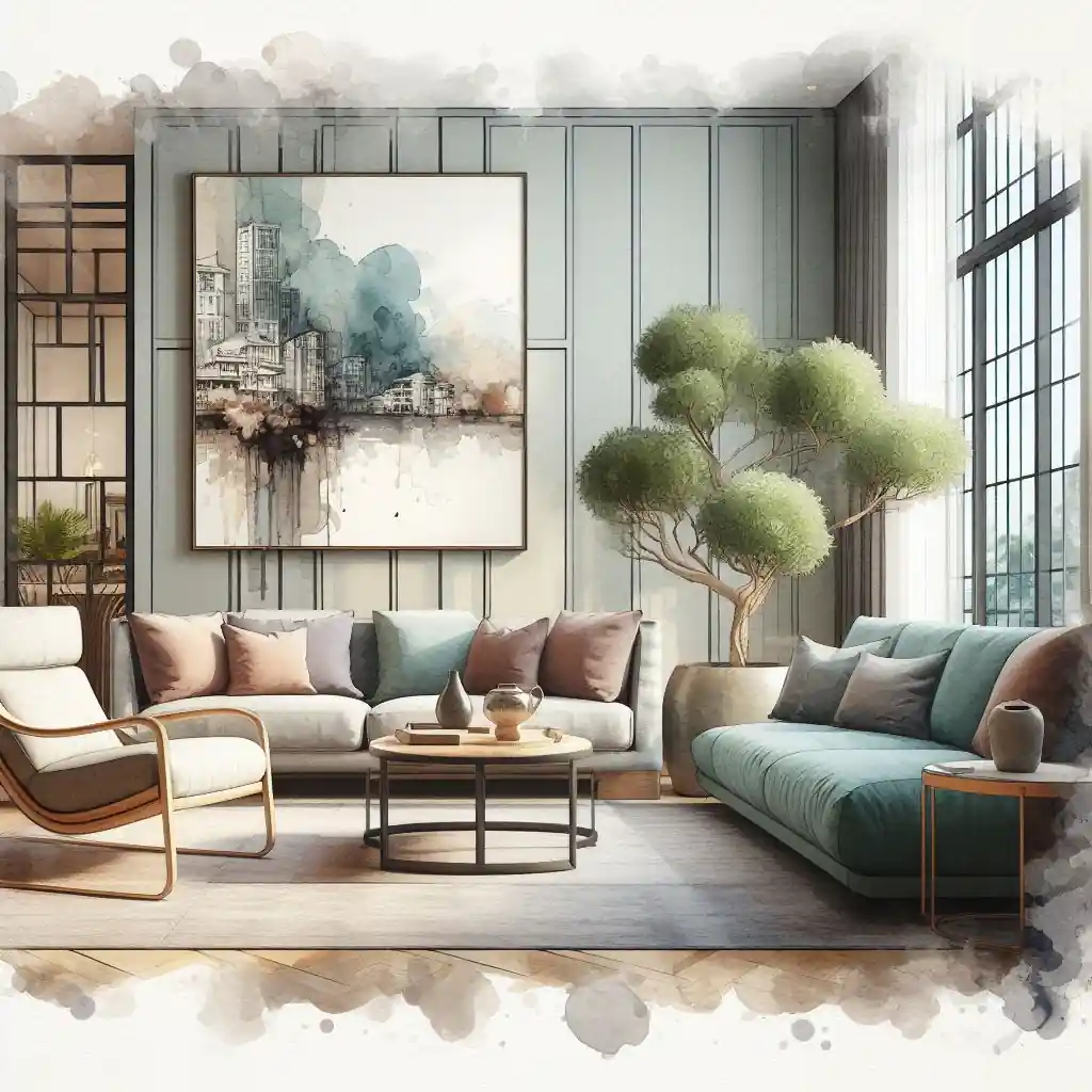 A watercolor painting featuring elements of wabi sabi in a contemporary living room.