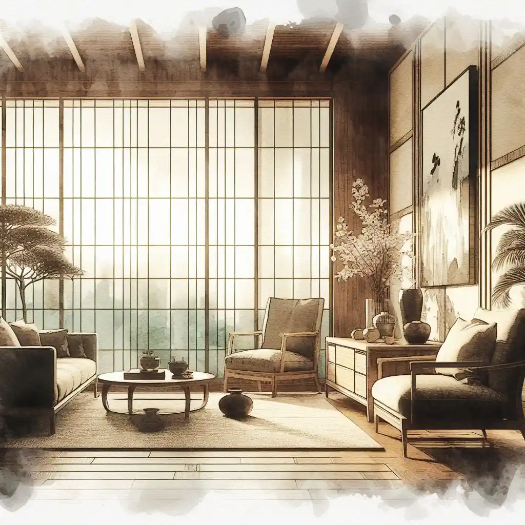 A watercolor illustration of a historical living room showcasing the wabi sabi style.