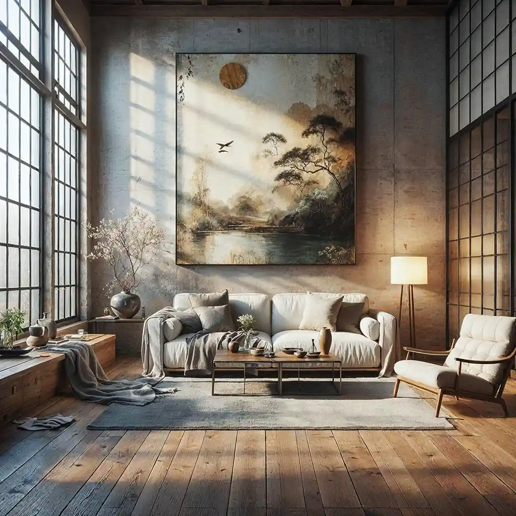A living room with a large painting showcasing wabi sabi and mid-century style.