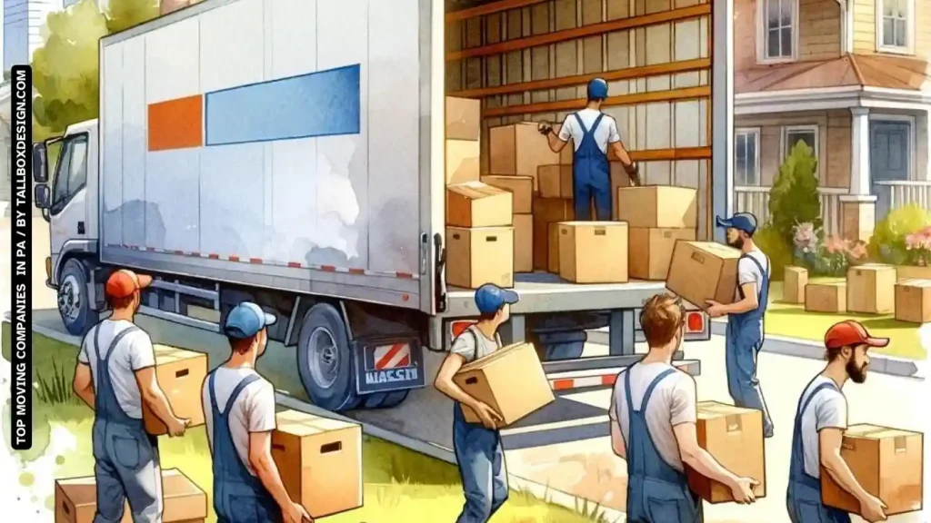A group of movers loading boxes into a moving truck for clients moving to Pennsylvania.