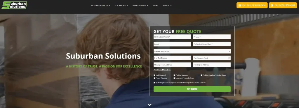 The homepage of a Pennsylvania-based website Suburban Solutions Moving and Transport in the moving companies industry.