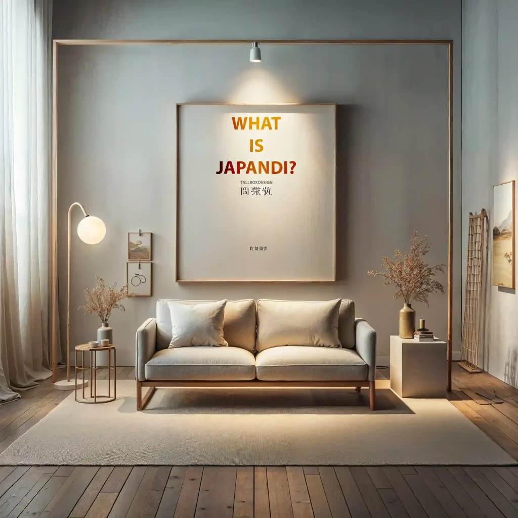 A Japandi-styled living room with a couch and a poster.