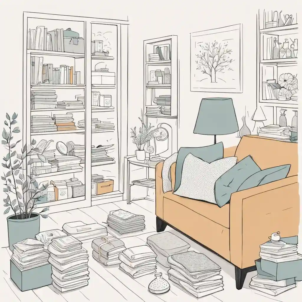An illustration of a decluttered living room with a couch and bookshelves.