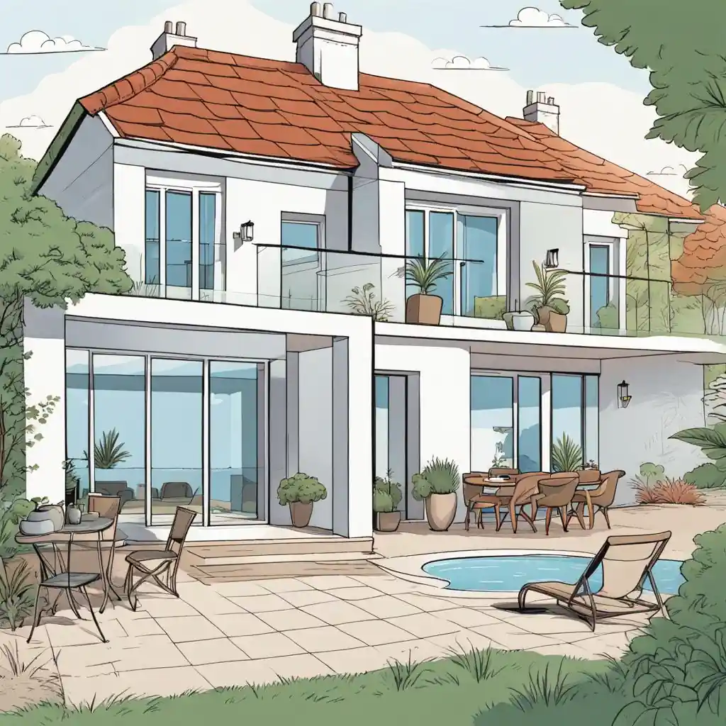 A beautifully illustrated UK property, featuring a house with a swimming pool.