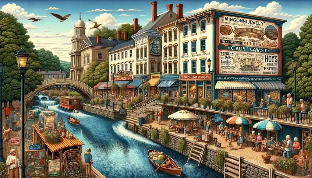 A picturesque painting capturing the lively scene of a canal adorned with boats and people, set against the backdrop of PA.