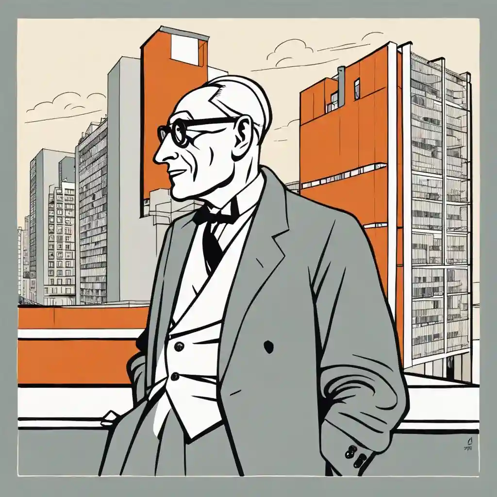 An illustration of a Le Corbusier standing in front of a postmodern building.
