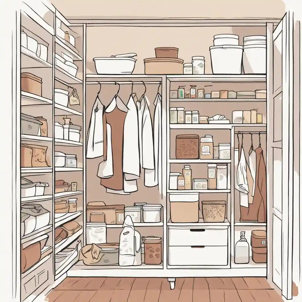 An illustration of a pantry full of clothes and other items, showcasing the Konmari Method for decluttering and organizing a home.
