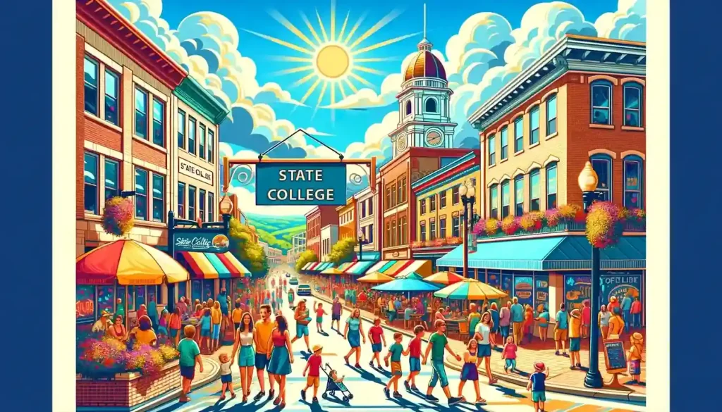 State College a vibrant essence of a city with people walking down the street, showcasing the liveliness and charm of urban places.