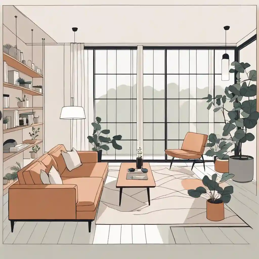 An illustration of a Japandi-style living room featuring furniture and plants.