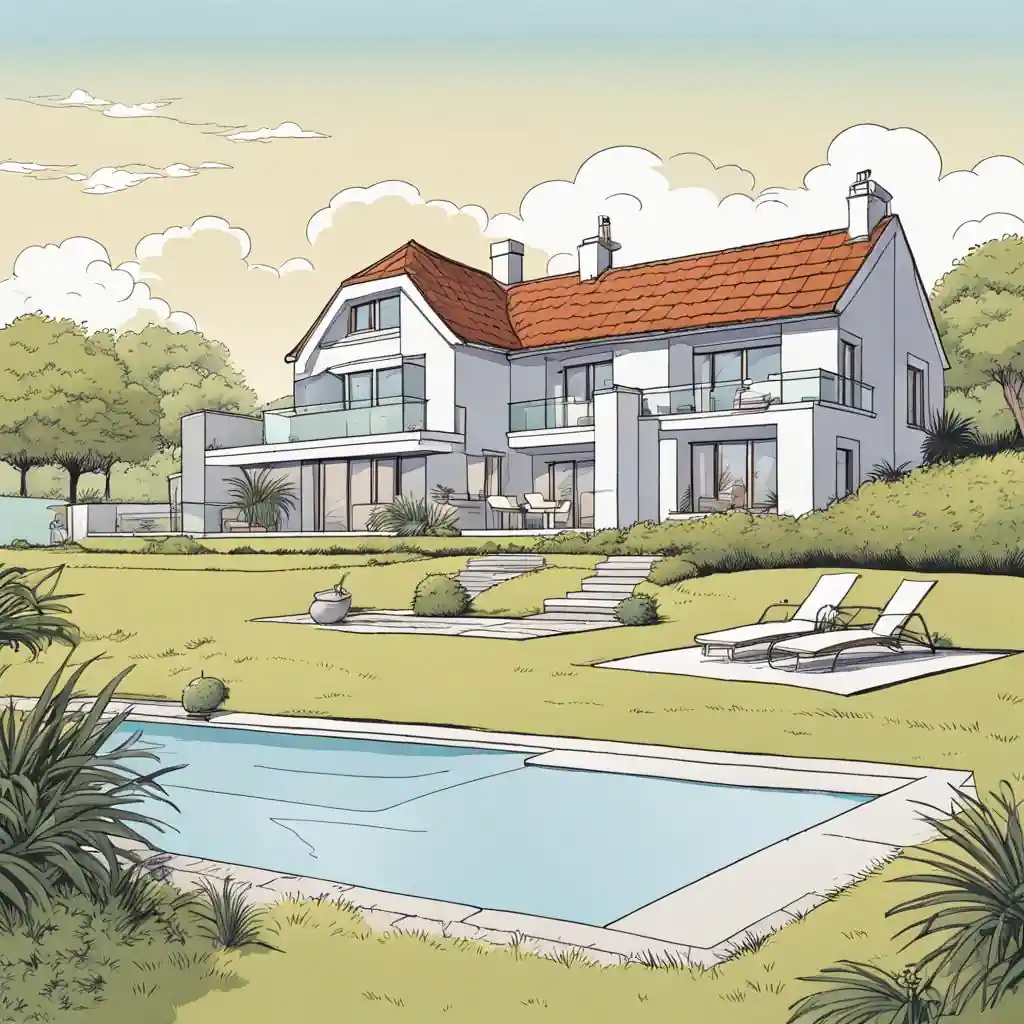 A drawing of a house in the UK with a swimming pool, representing potential benefits for reducing capital gains tax on UK property investments.