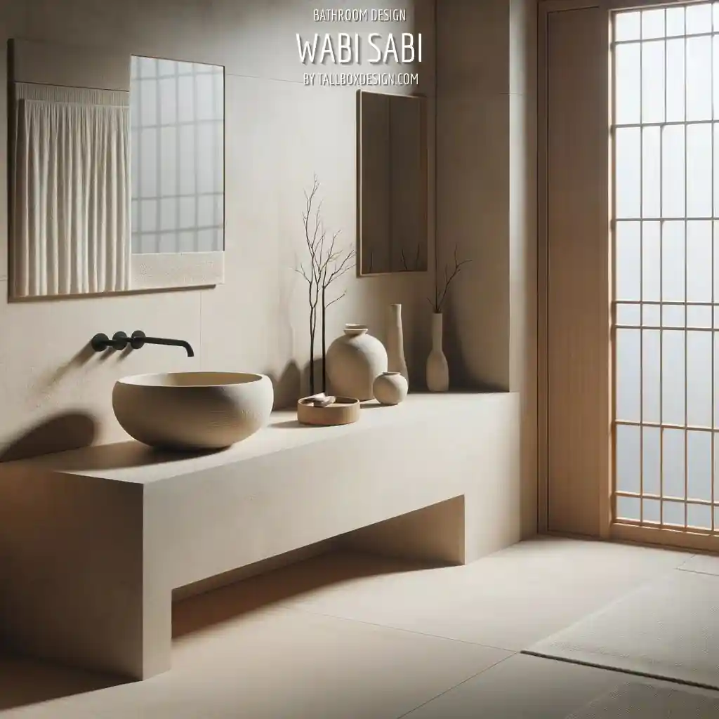 A bathroom with a sink and a window, incorporating wabi sabi elements.