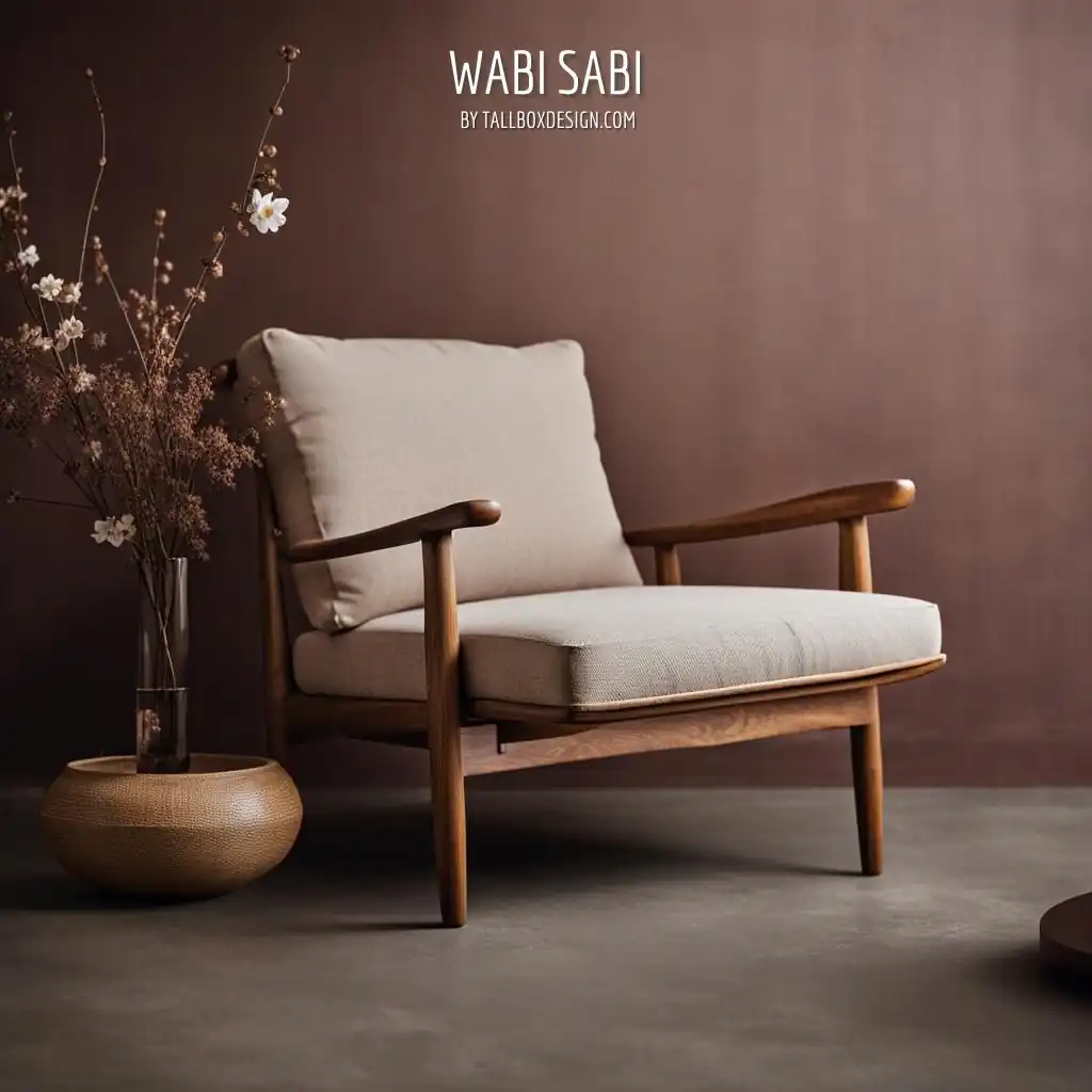 In a wabi sabi style brown room, a wooden chair shines in simplicity with a vase placed before it.