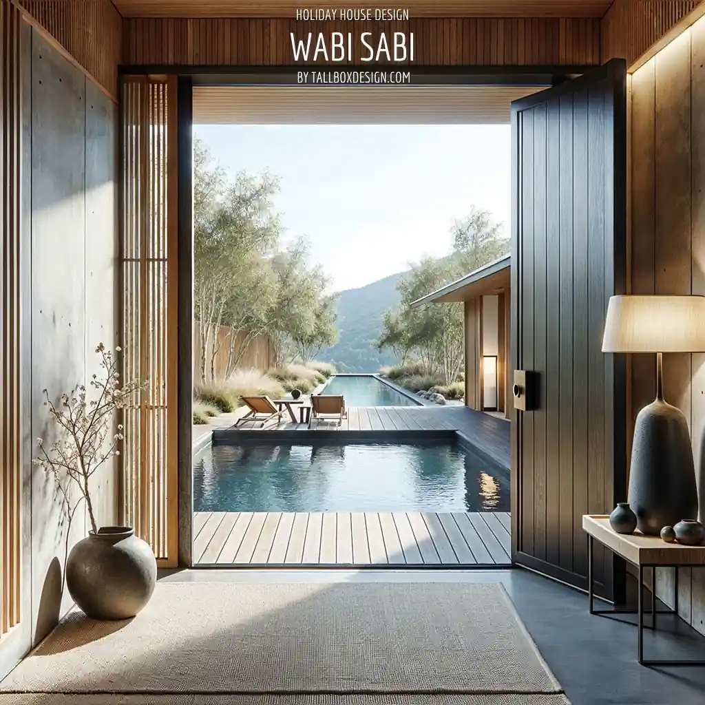 A wabi sabi style house with a wooden door.