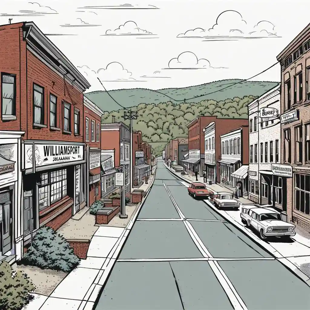 An illustration of Williamsport's town street in PA with cars parked on it, showcasing one of the cheapest places to live.