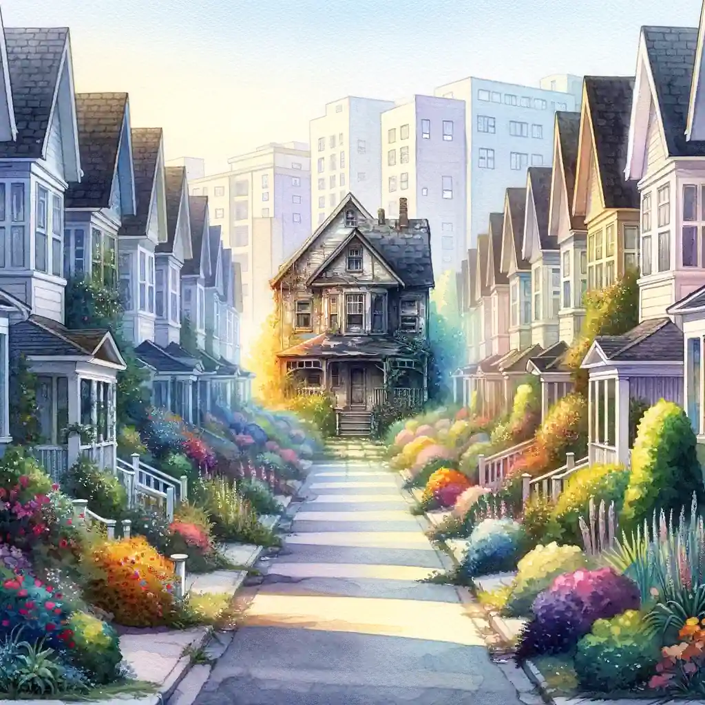 An appraisal of a street lined with houses and flowers.