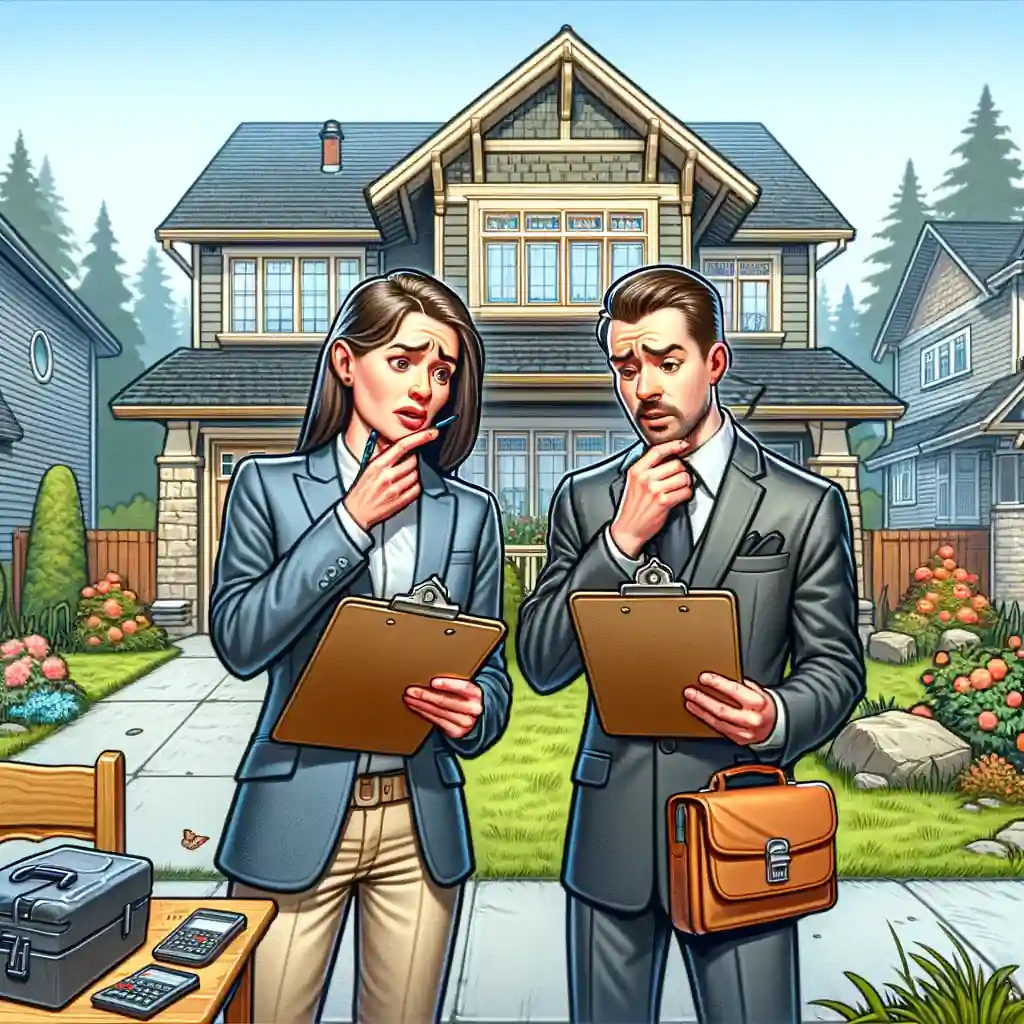 A man and woman standing in front of a house during a real estate appraisal process.