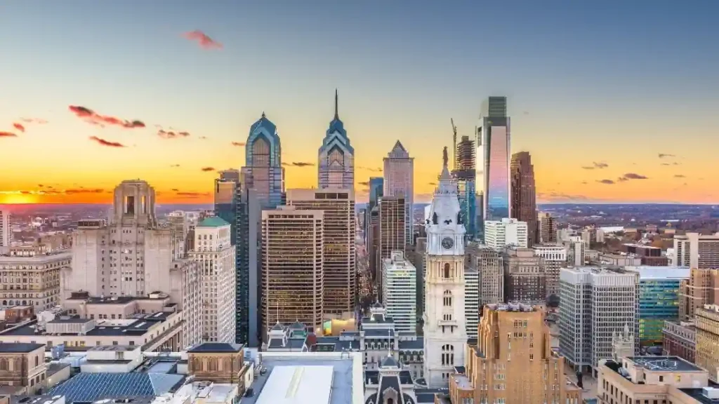 The Philadelphia skyline at sunset.