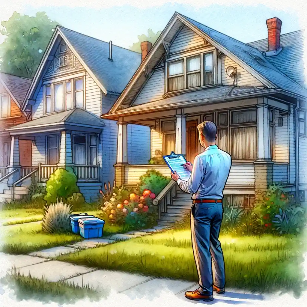 An illustration of a man standing in front of a house, representing the process of real estate appraisal.