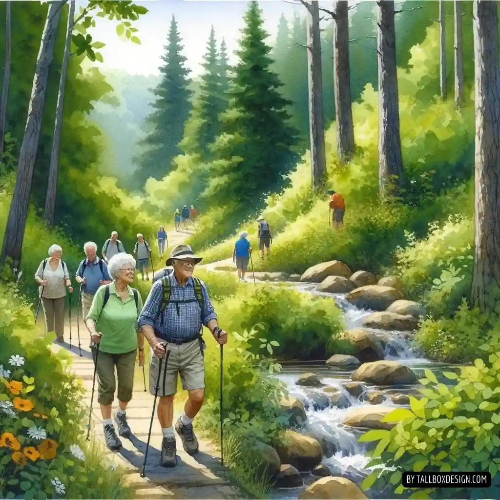 A group of elderly individuals enjoying retirement by hiking in the woods.
