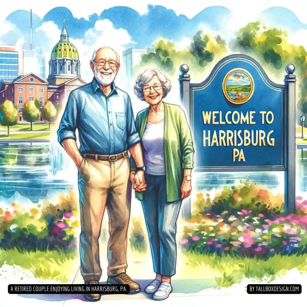 An older couple standing in front of a welcome sign to Harrisburg, Pennsylvania