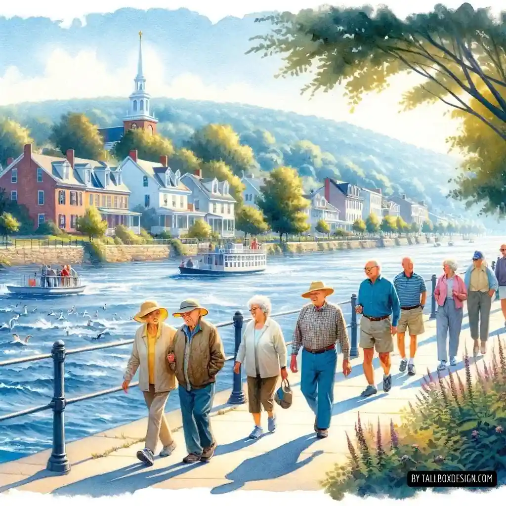 People leisurely strolling along the river in retirement.