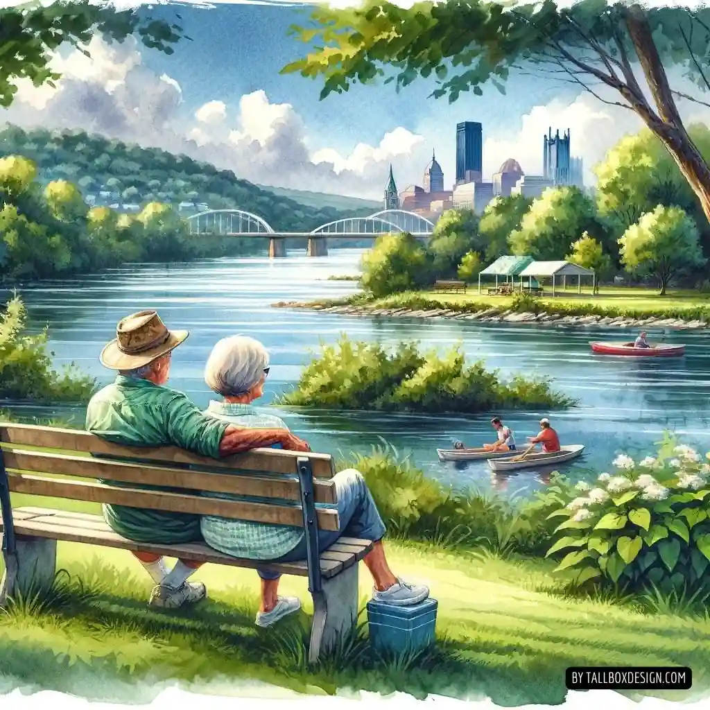 Serene bond between an elderly couple as they peacefully sit on a bench, gazing upon the tranquil flow of a river.