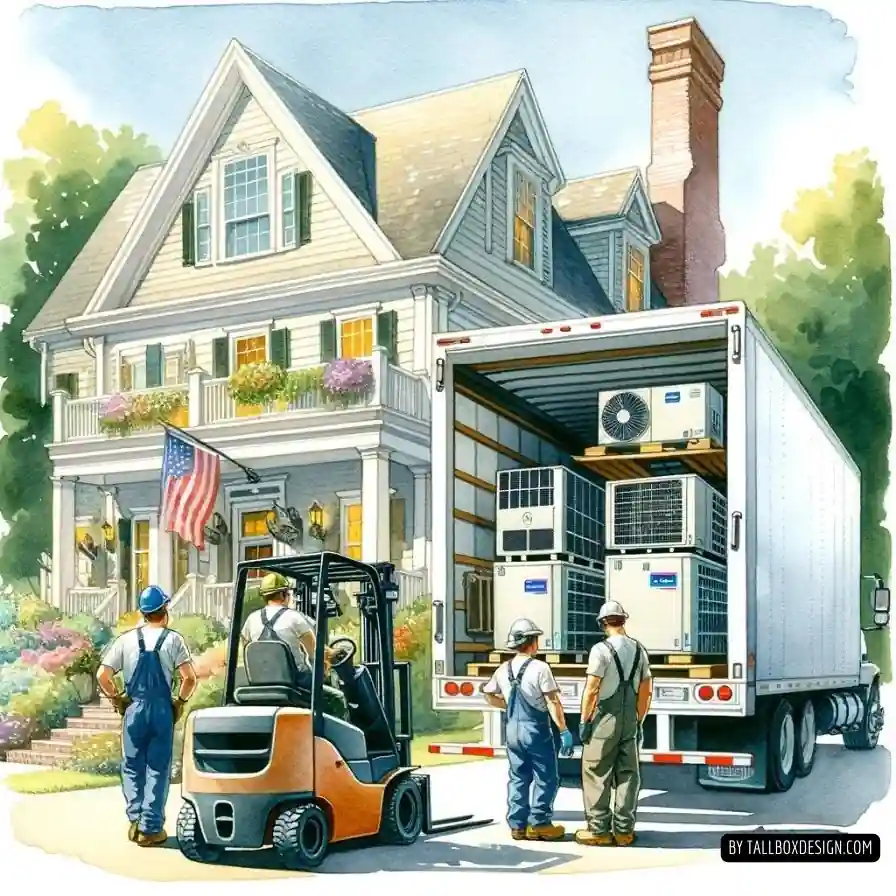 Forklift carrying a box of heat pumps.