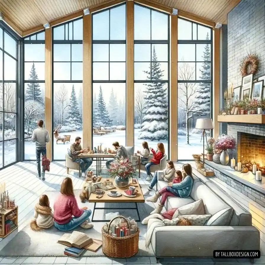 A family sitting around a fireplace in a living room, radiating warmth and ambiance.