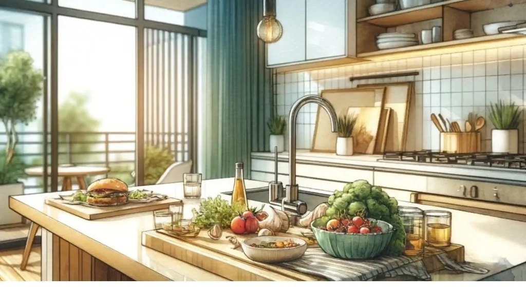 Kitchen with a lot of food on the counter, creating a feeling of home comfort.