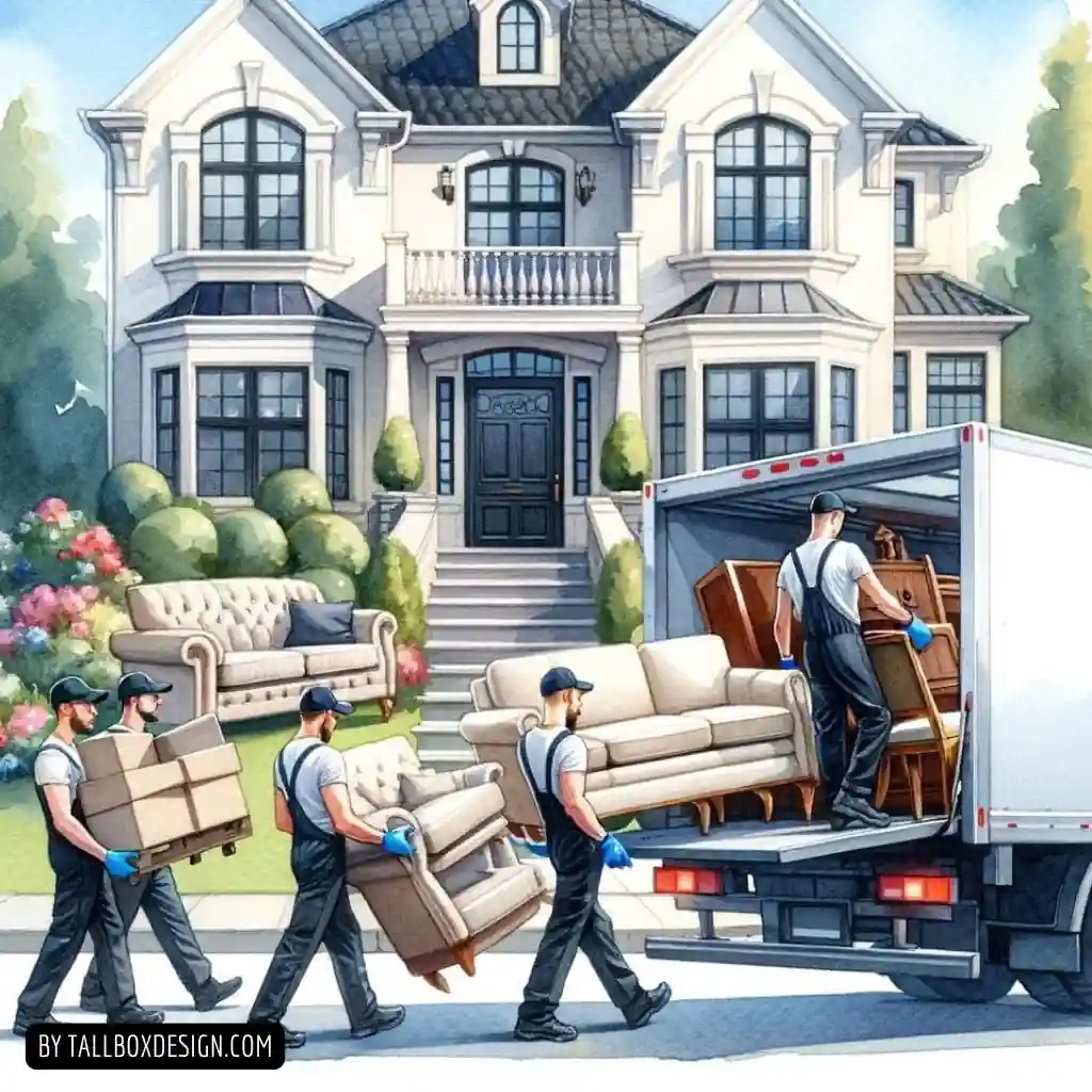 A group of men from a junk removal service carrying furniture from a moving truck in front of a house.