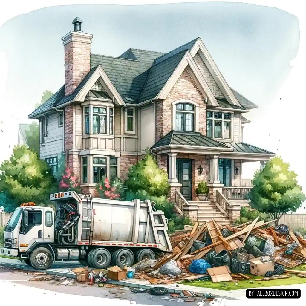 An illustration of a junk removal service truck in front of a house and yard littered with waste.