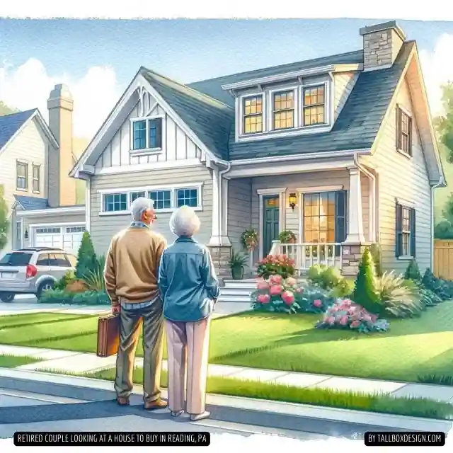 Older couple standing in front of a house in a retirement community.
