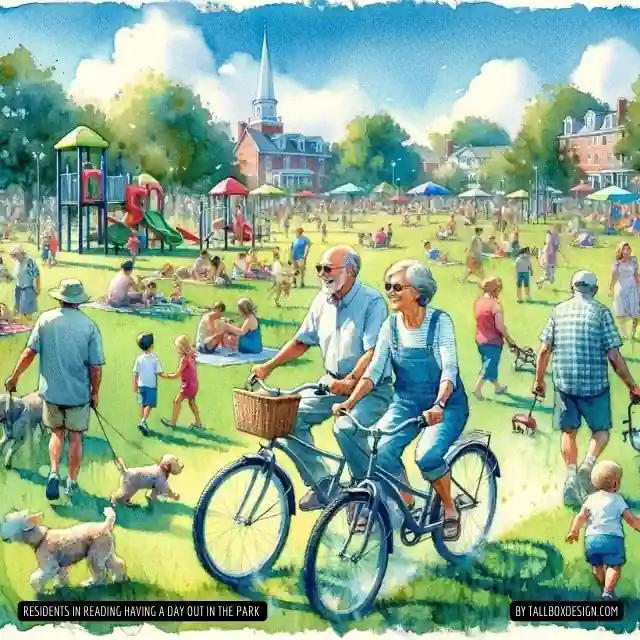 A vibrant painting capturing the joyful spirit as individuals ride their bikes through a picturesque park setting in Reading, PA.