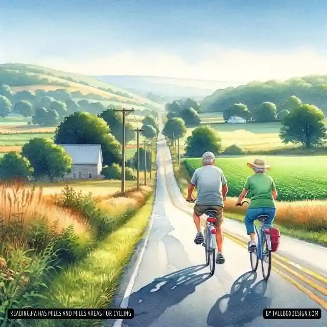 Two people riding bicycles down a country road in Reading, PA.