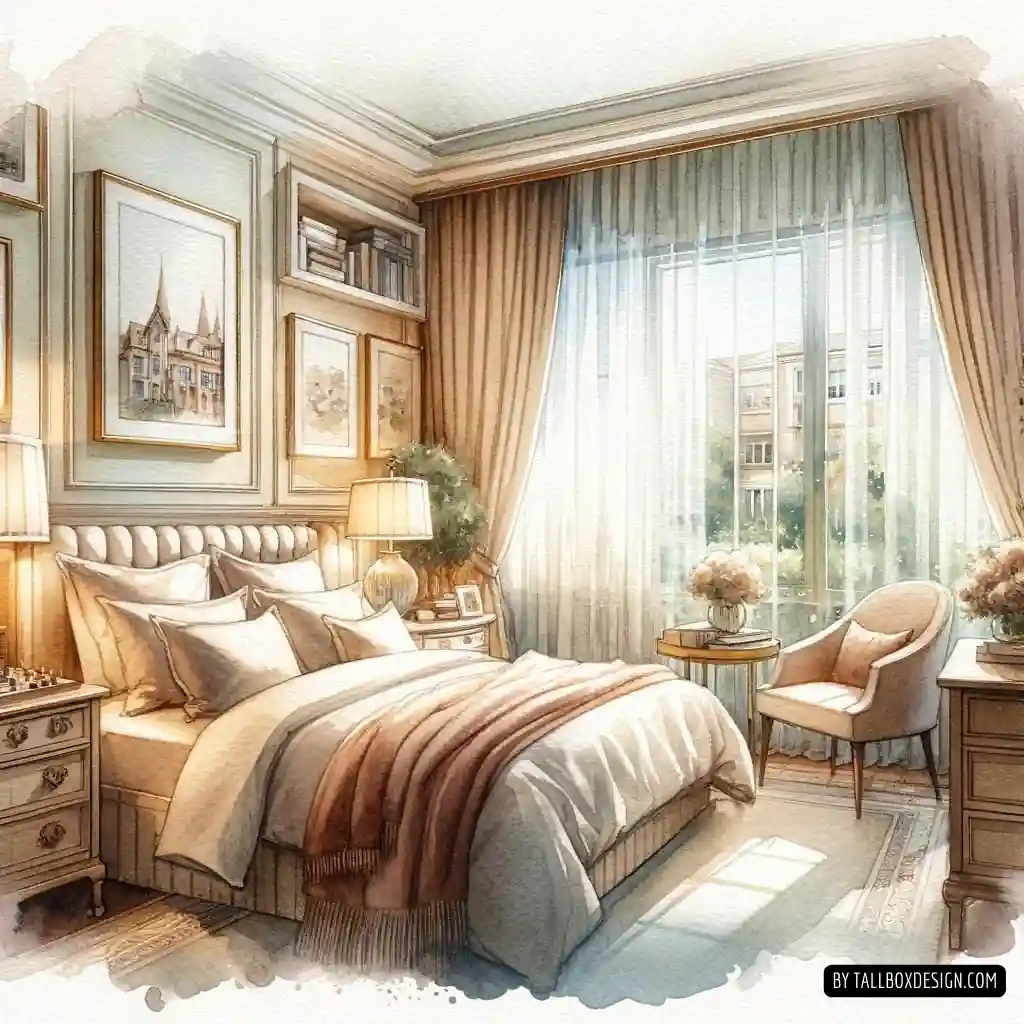 A drawing of a cozy town home master bedroom.