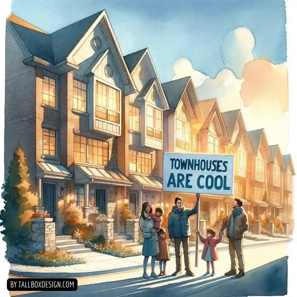 A group of people standing in front of a house holding a sign that says townhouses are cool.