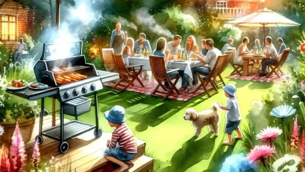 Family and individuals enjoying a barbecue in a restaurant beer garden.