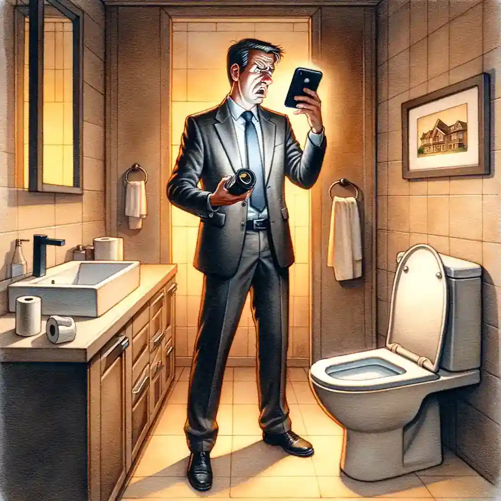 A man in a suit standing in front of a toilet, featured in must-have shots for first-time homebuyer listings.