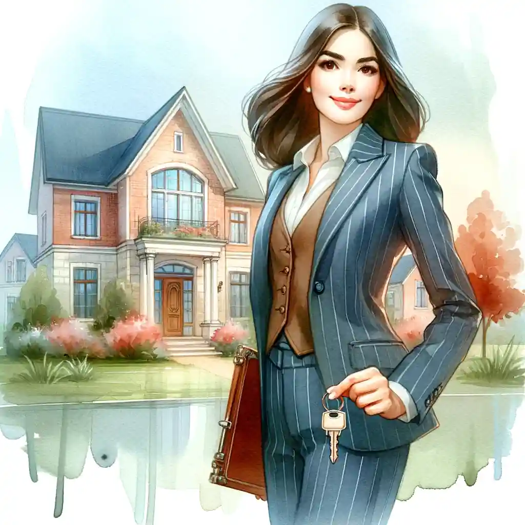 A Landlord lady in a suit is standing in front of a house for work.