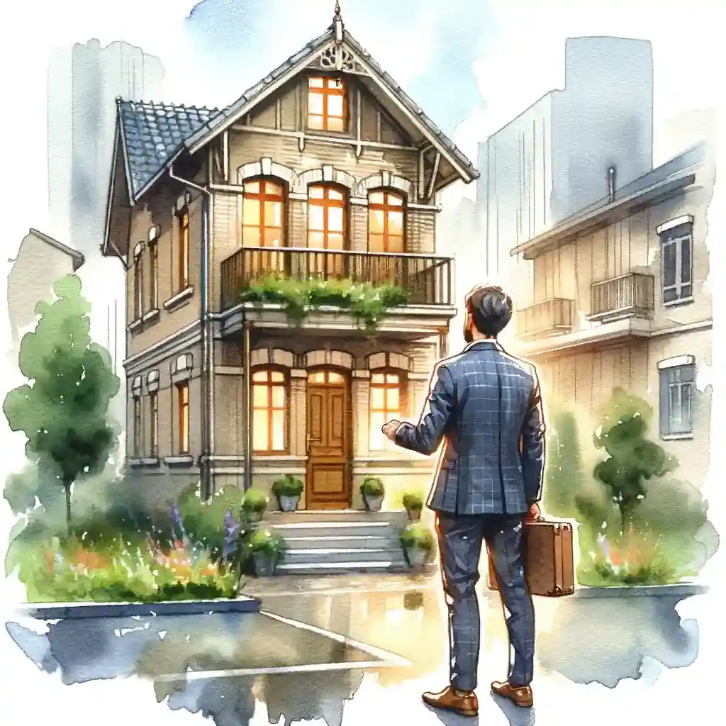 First-time landlord standing in front of a house available for purchase.
