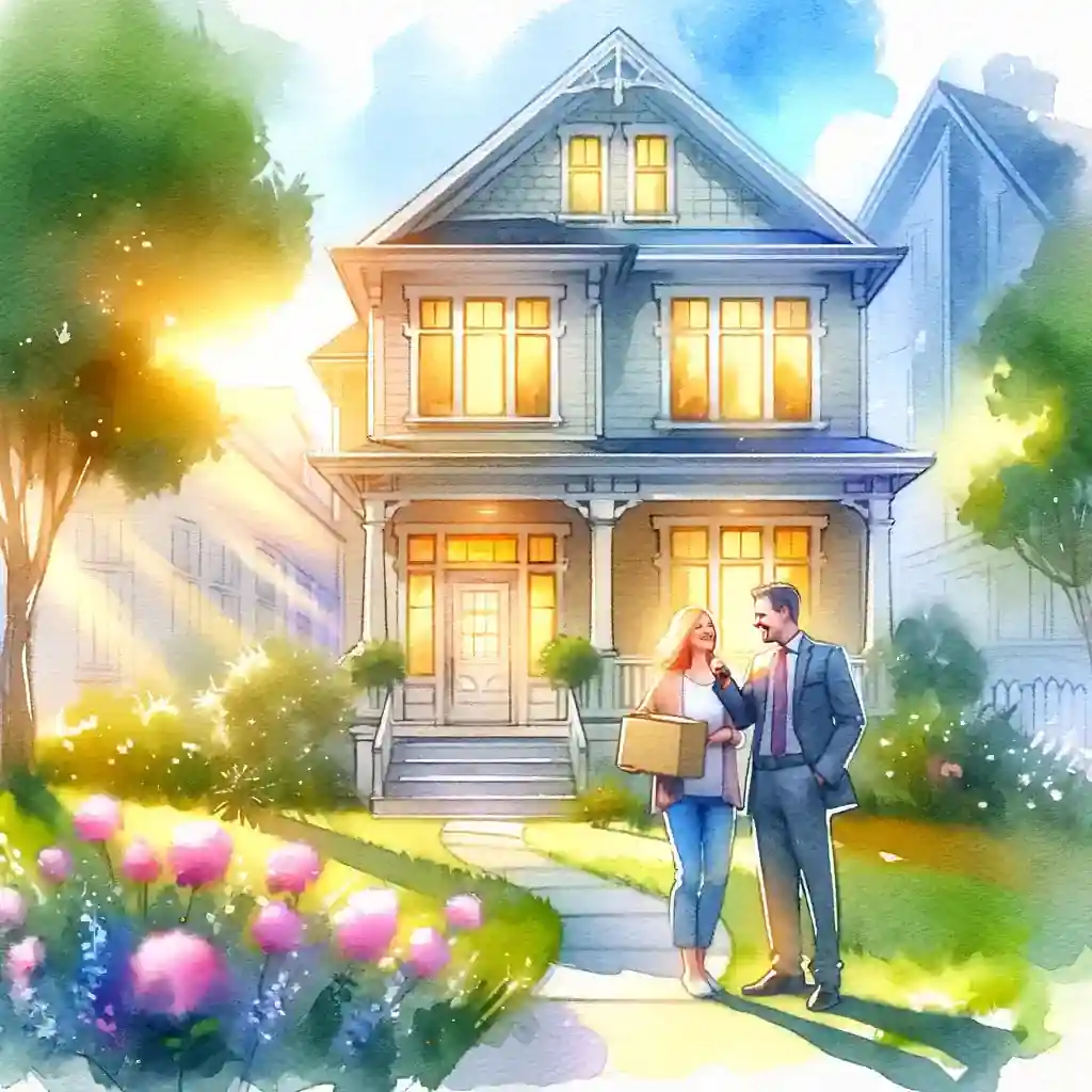 A watercolor illustration of a couple standing in front of their BTL house.