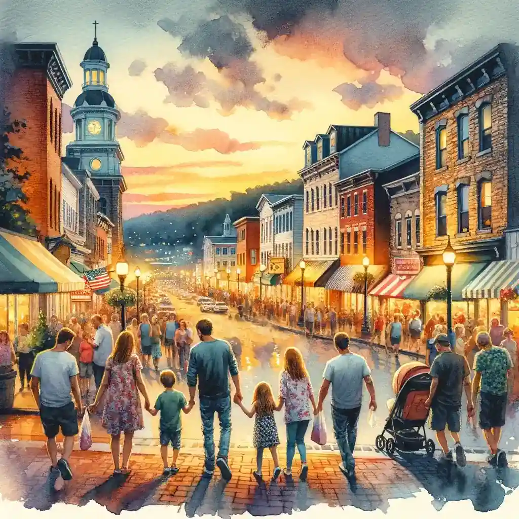 An evening scene of a bustling town street in Slippery Rock, Pennsylvania, with pedestrians, illuminated shop fronts, and a prominent clock tower in the background.