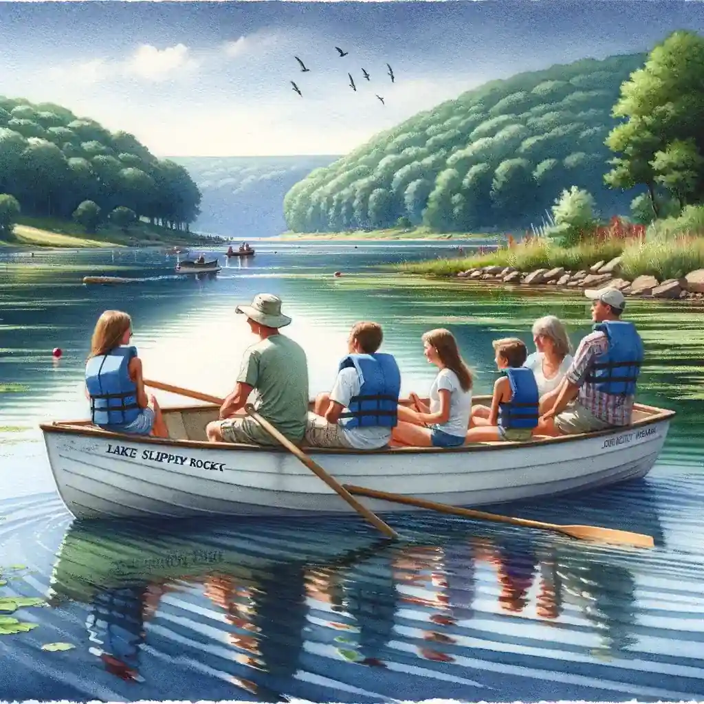 A family wearing life jackets enjoys a peaceful boat ride on a calm lake in Slippery Rock, Pennsylvania, surrounded by greenery. Birds can be seen flying above the water in the distance.